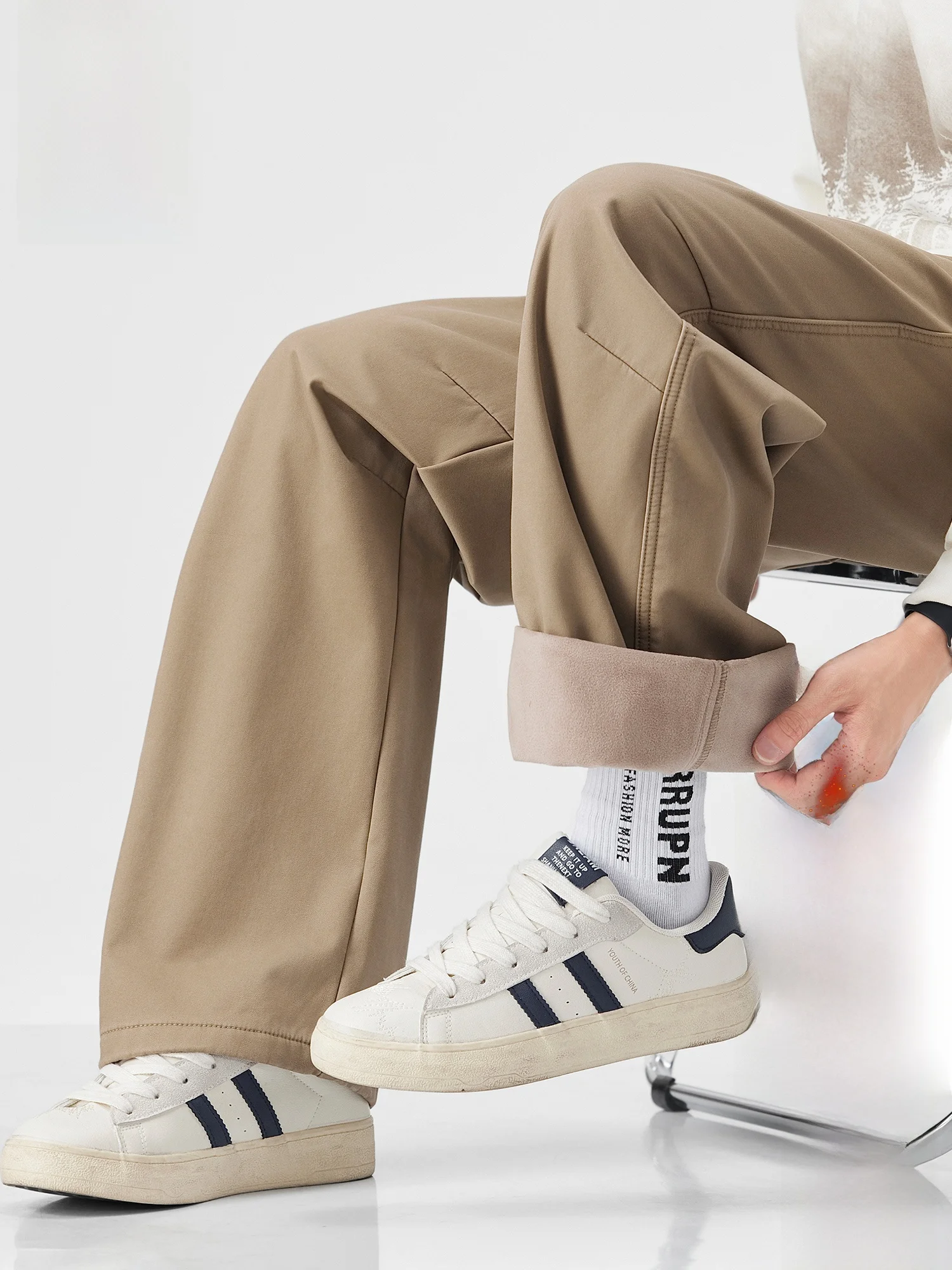 

PaulFrank Retro Cotton Straight Leg Casual Pants Men's Autumn Winter Fce Lined Warm Loose Wide Leg Long Trousers