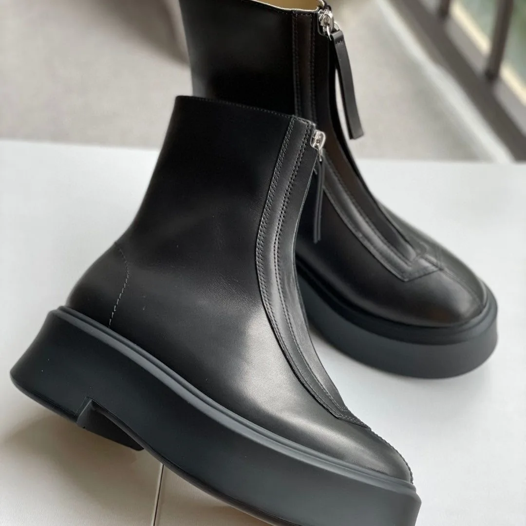 Front Zipper Black Leather Thick Sole Martin Chelsea Ankle Boots Women Platform Round Toe Low Heels Casual Shoes For Ladies 2024