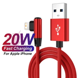 90 Degree Elbow USB Charging Cable for iPhone 11 12 13 14 Pro X XR XS Max 7 8 Plus Nylon Braided Fast Charger Gaming Cable 2m 3m