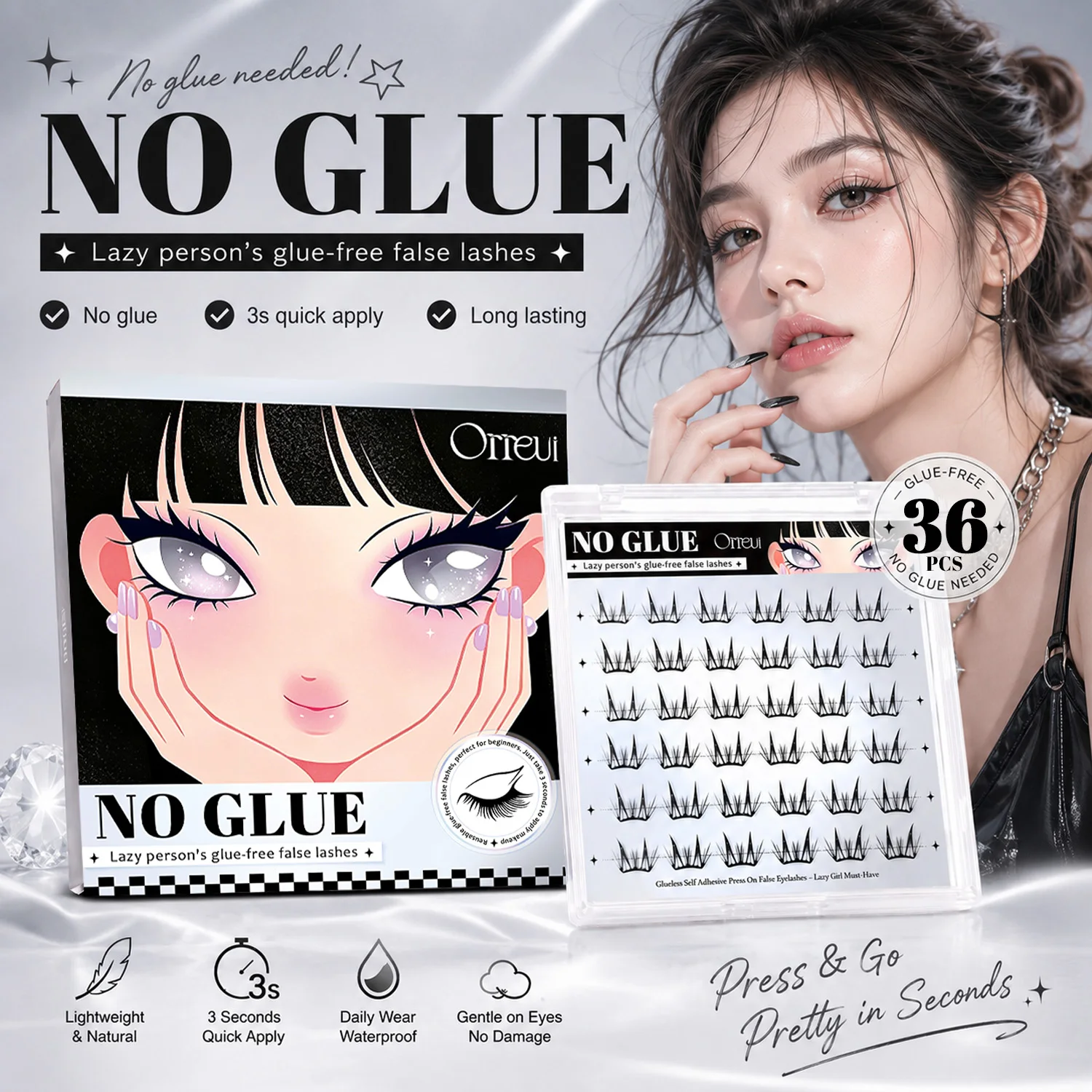 36PCS No Glue False Eyelashes Self Adhesive Lash Clusters Press On Lashes 3 Seconds Quick Apply Ultra Thin Natural Look