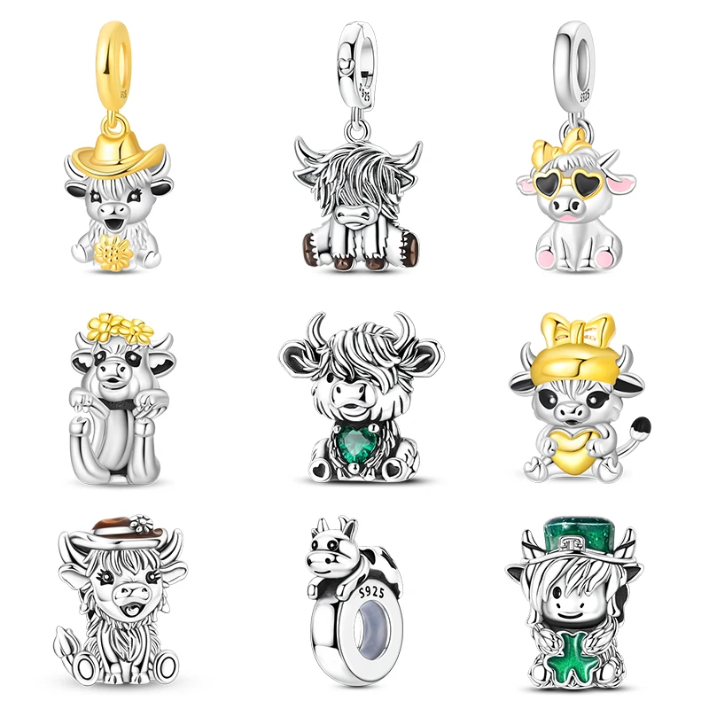 Cute Highland Cow Charms Bead 925 Sterling Silver Dangle Bead CZ Zircon Detail Fit Original Bracelet DIY Women Jewelry Gift