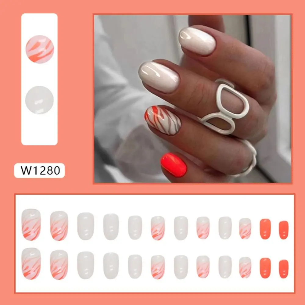 Long Oval False Nails Manicure French Aurora Press on Nails Detachable Orange White Tiger Wavy Nail Tips DIY