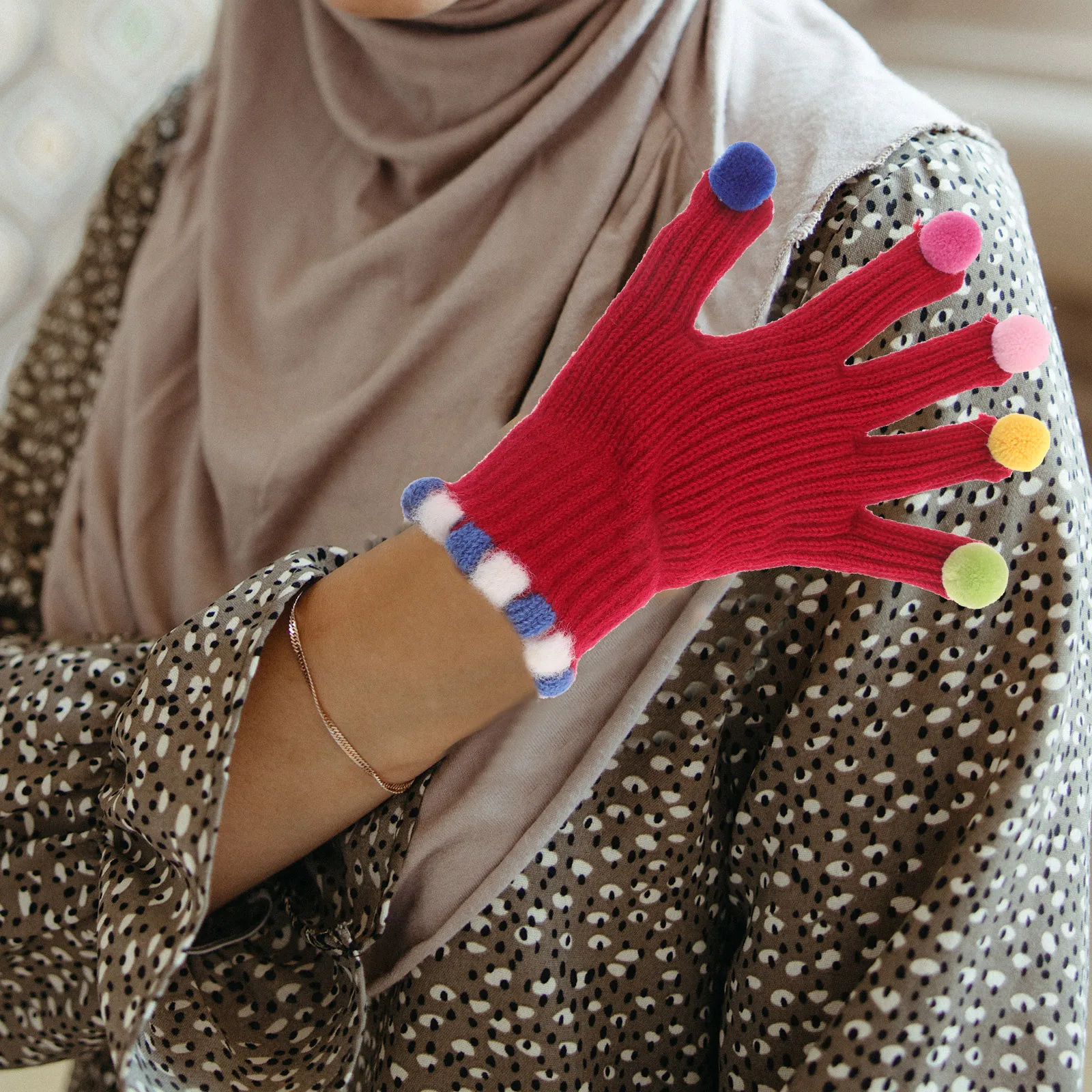 1 Gloves Colorful Pompom Decorations Touchscreen Compatible Fingerless Winter Gloves For Women Men Cycling Running