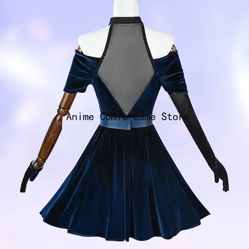 متوفر في المخزون أزياء الهالوين التأثيرية ميزي التأثيرية شعر مستعار أنيمي الأزرق المخملي فستان حفلات الهالوين للنساء