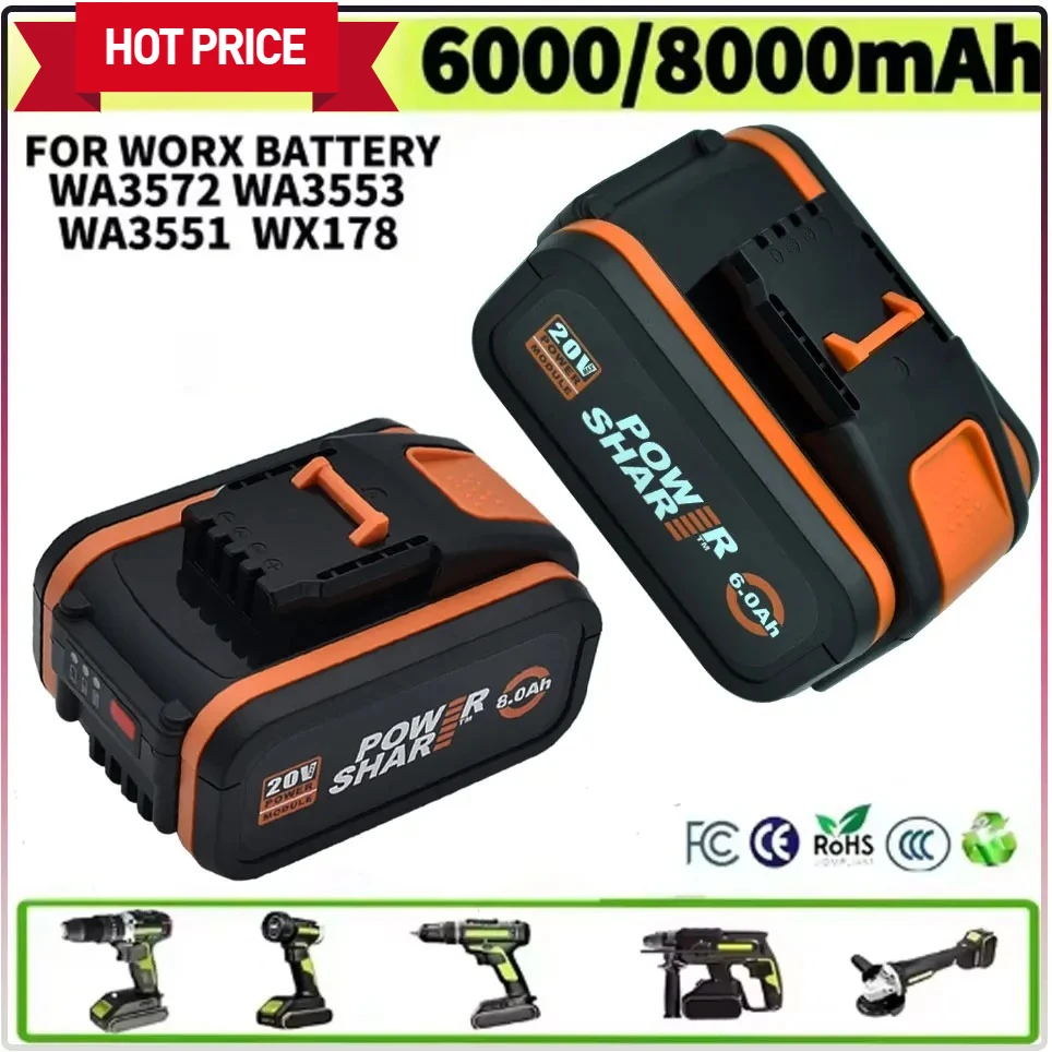 

For Worx 20V 8000mAh Lithium battery Rechargeable WA3551 WA3553 WA3553.1 WA3570 for All WORX Electric and Garden Tools
