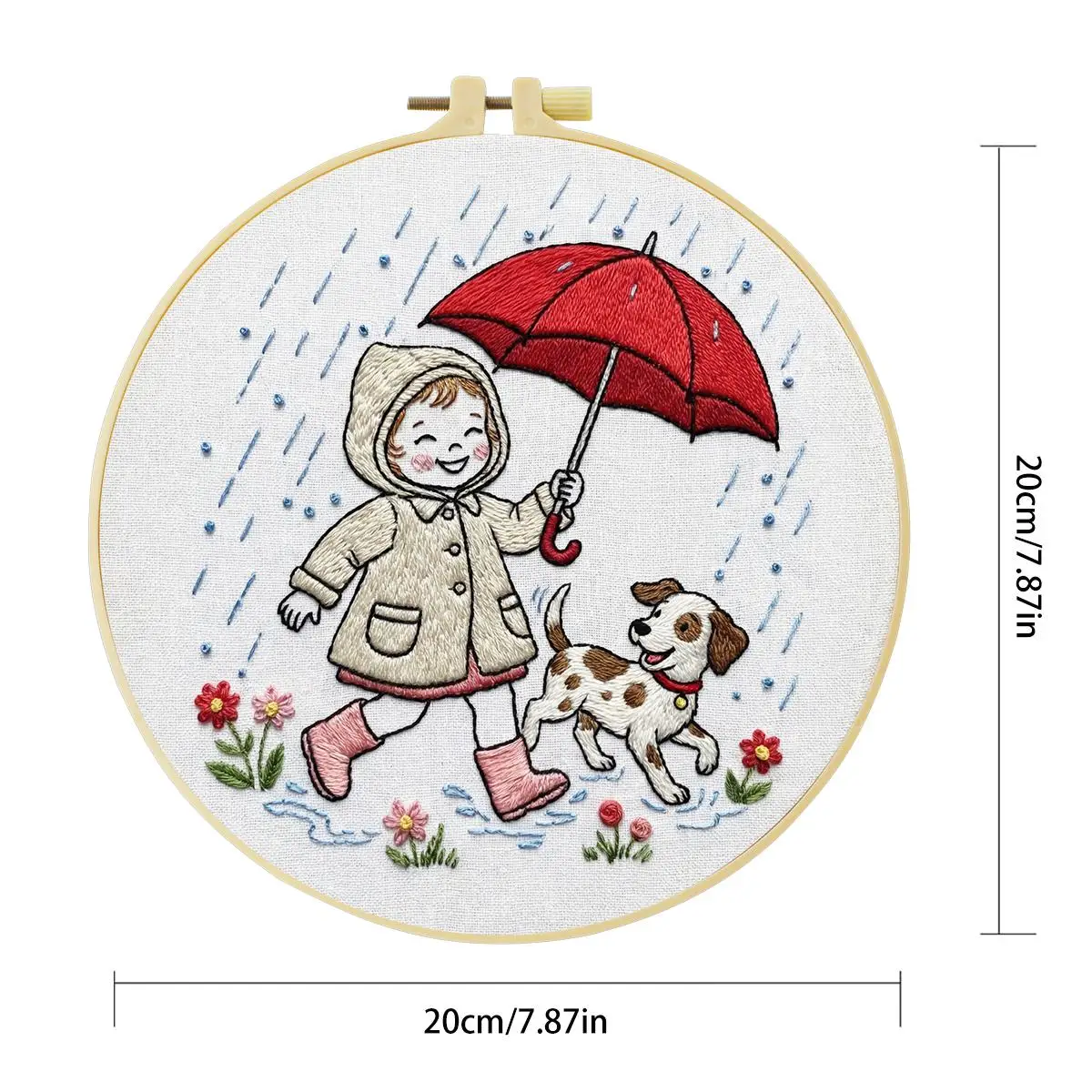 1 Stück 20X20CM/15X15CM 7,87/6,3 Zoll Das glückliche Mädchen im Regen Stickerei-Starter-Kit DIY-Kit DIY-Stickerei-Kit Handarbeiten – Detail 3
