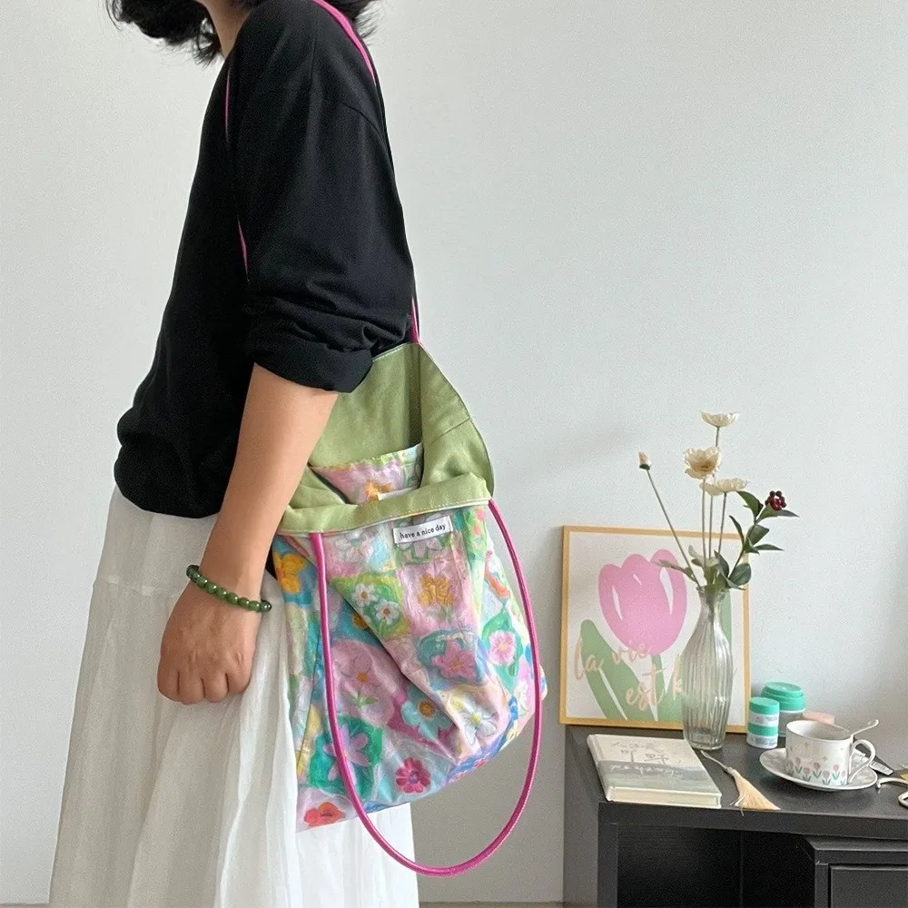 Aesthetic Pastel Flower Floral Shoulder Bag PU Strap Pastoral Style Storage Bag Cloth Shopping Bag Daily Carry
