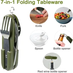 7 In 1 Multifunctional Outdoor Tableware Stainless Steel Foldable Fork Spoon Knife Picnic Camping Hiking Travelling Dinnerware