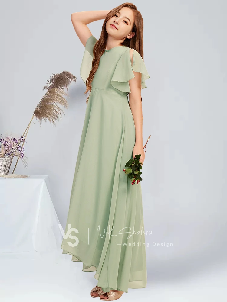 A-line Scoop Asymmetrical Chiffon Junior Bridesmaid Dress Celadon Summer Graduation Party Dress for Guest Flower Girl Dress Kids