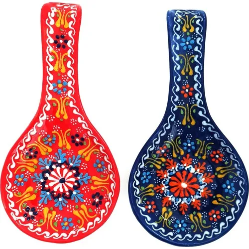 Tableworks Ceramic Handmade Lace The Spoon Holder Set 2'li-Red & Navy Blue