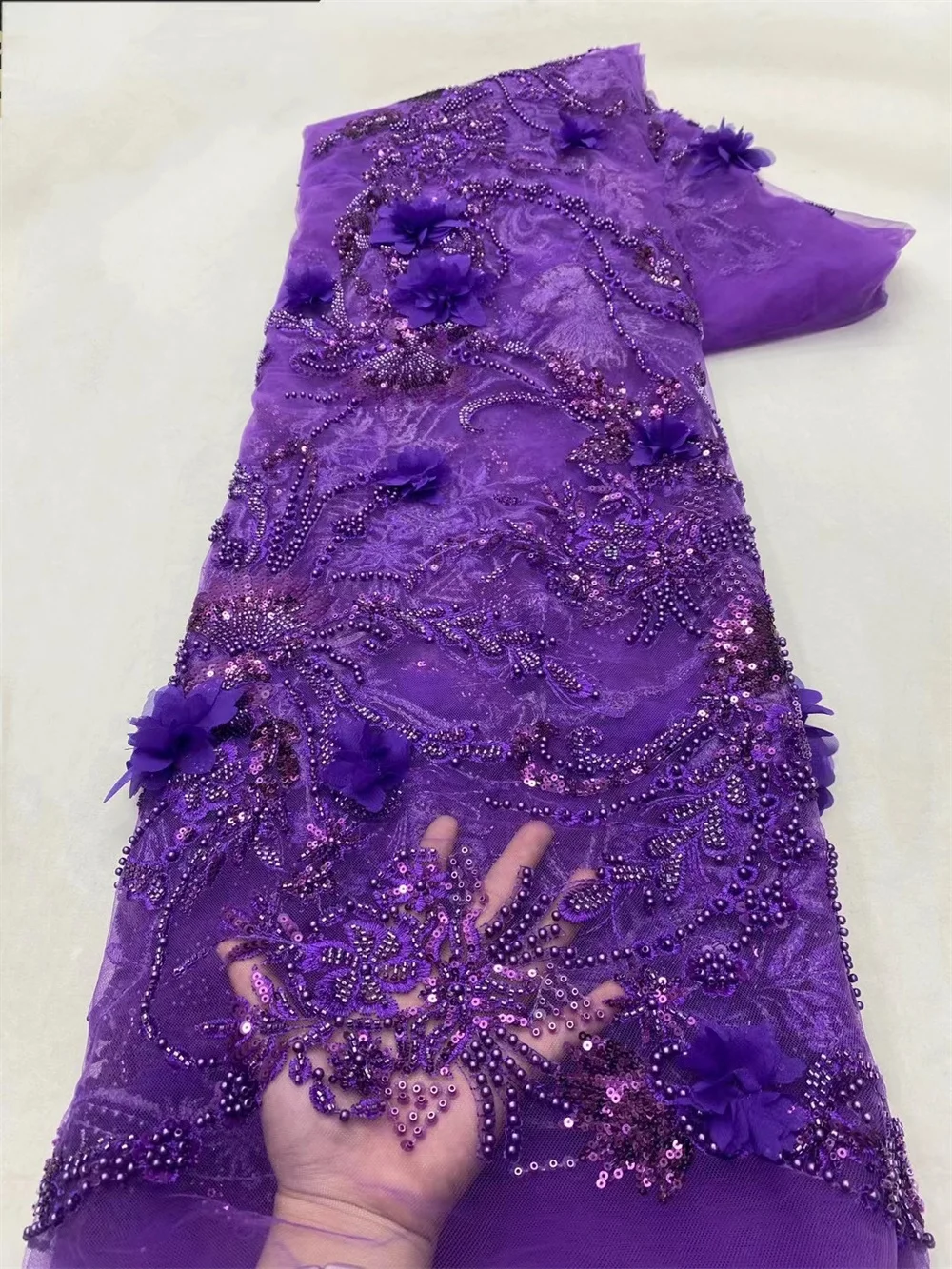 Tecido de renda 3D roxo para casamento, alta qualidade, malha bordada, Applique 3D flor, tule, nigeriano, luxo, A144-2, 2024