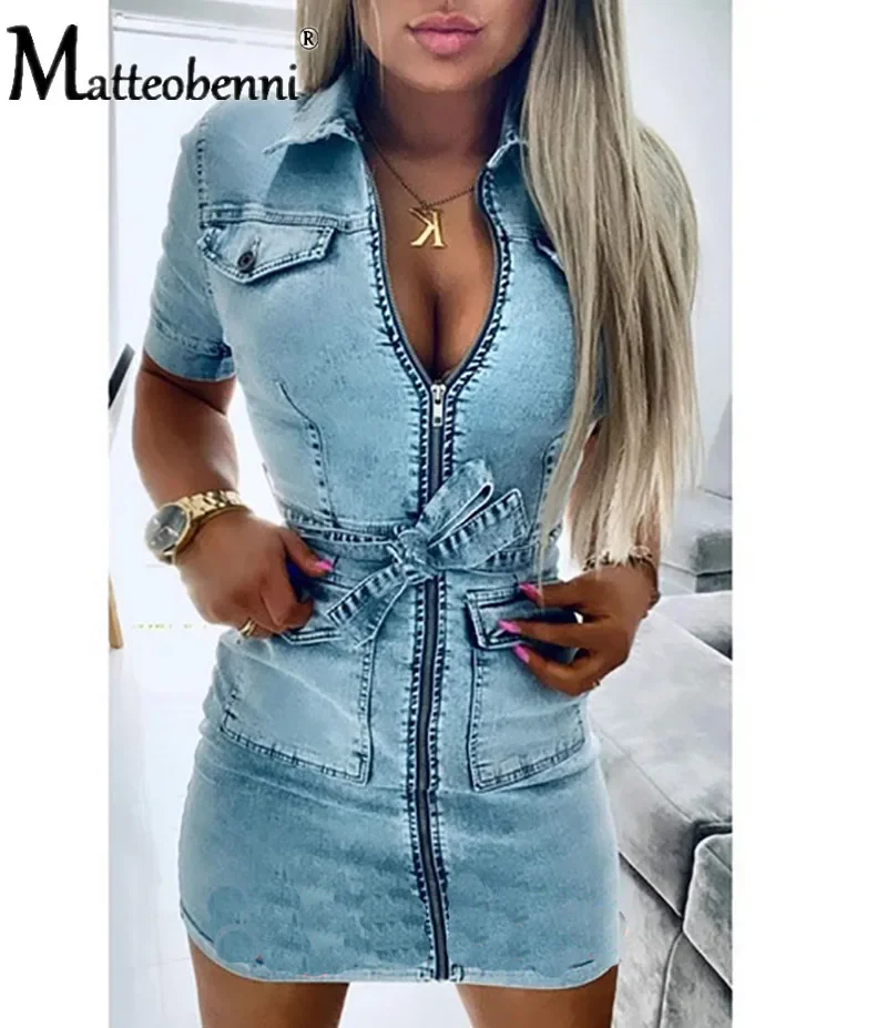 2024 New Women's Fashion Sexy Denim Dress Zipper Casual V Neck Dress Short Sleeve Elegant Casual Dresses Lady Jean Mini Dress