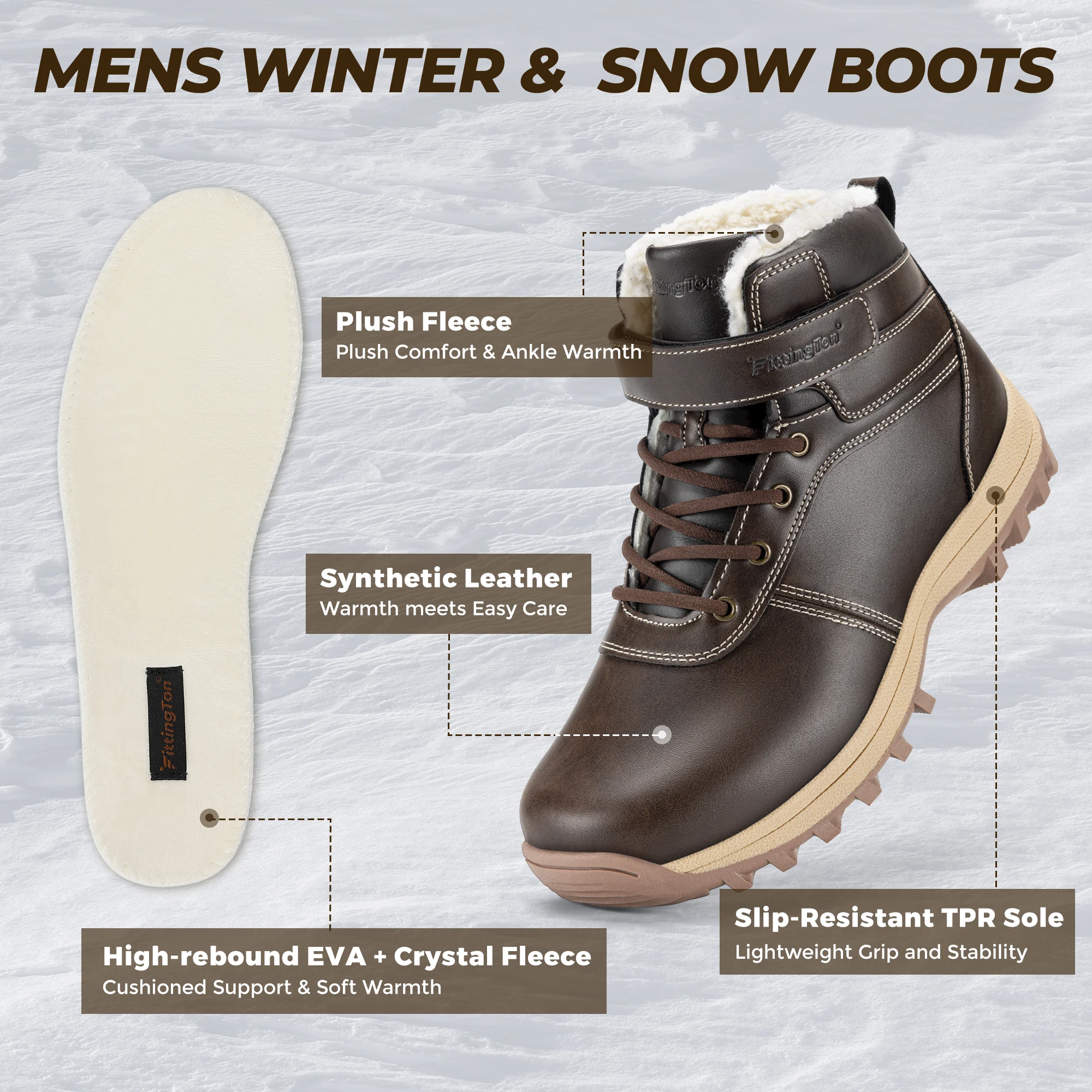 Botas de nieve para hombre Fitville, calzado de invierno cálido, botas de senderismo con forro polar, botas de invierno aisladas, antideslizantes y repelentes al agua.