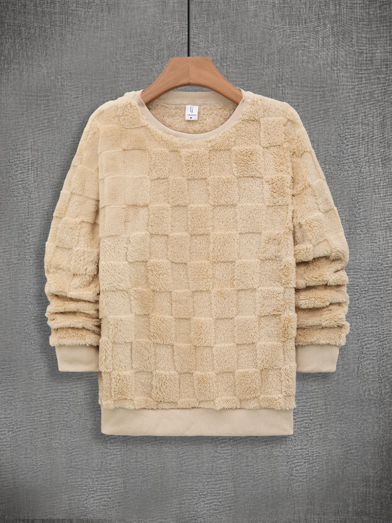 Men's Khaki Checkerboard Fleece Crewneck Sweatshirt Fall Winter Loose Casual Warm Top