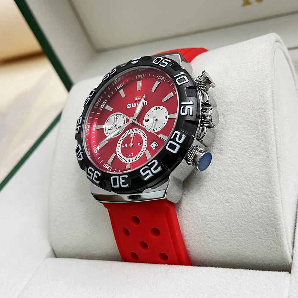 SWISH Waterproof Red Chronograph Watch for Male Sport Wristwatch Military Clock 24 Hours Rubber Strap Relogio Masculino Quartz