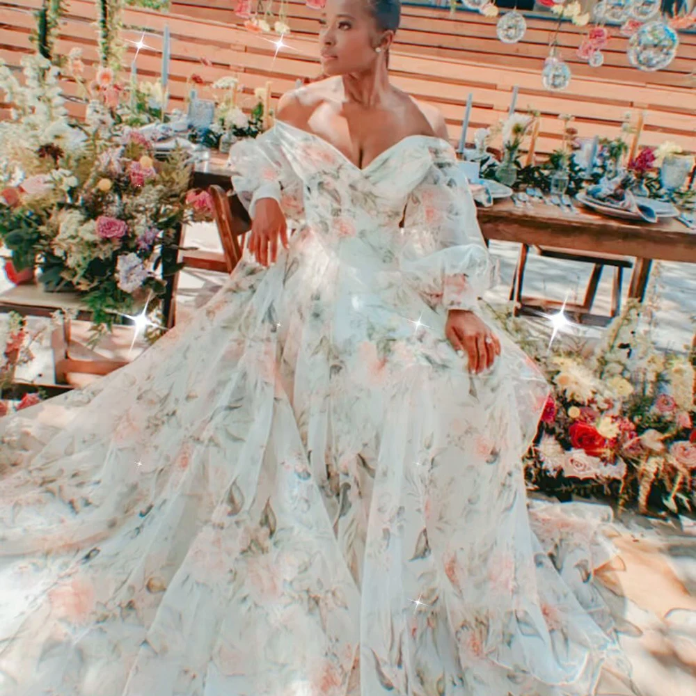Boho Floral Pattern Sweetheart Customized Wedding Dress Long Bishop Sleeves Backless Bloom Flowers Plus Size Bridal Gowns - AliExpress 320 Boho Floral Pattern Sweetheart Customized Wedding Dress Long Bishop Sleeves Backless Bloom Flowers Plus Size Bridal Gowns - AliExpress 320