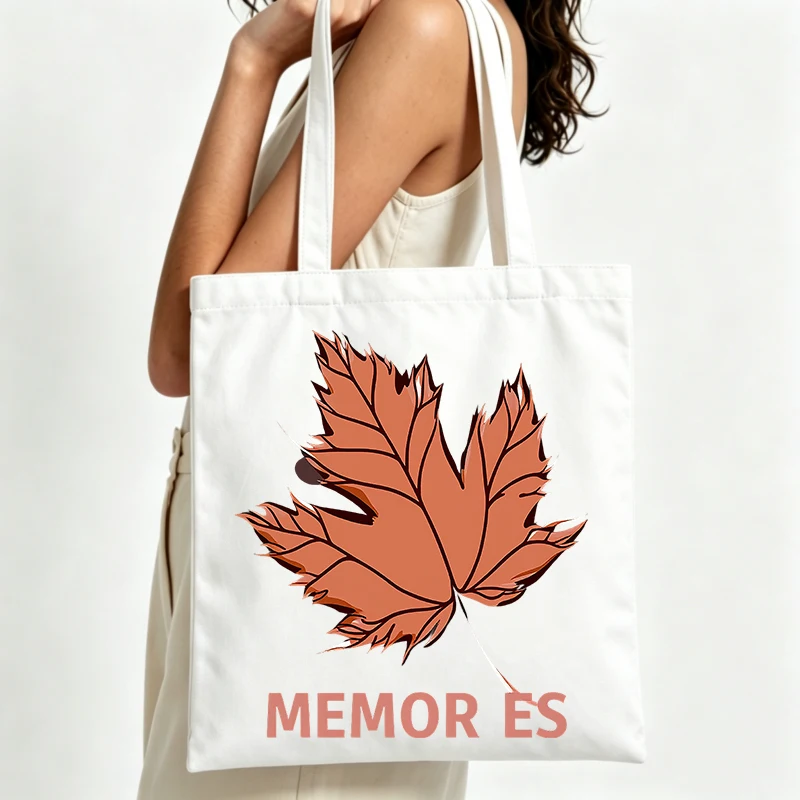 maple leaf print canvas tote bag with letter graphic, ideal for casual daily use and autumn outings