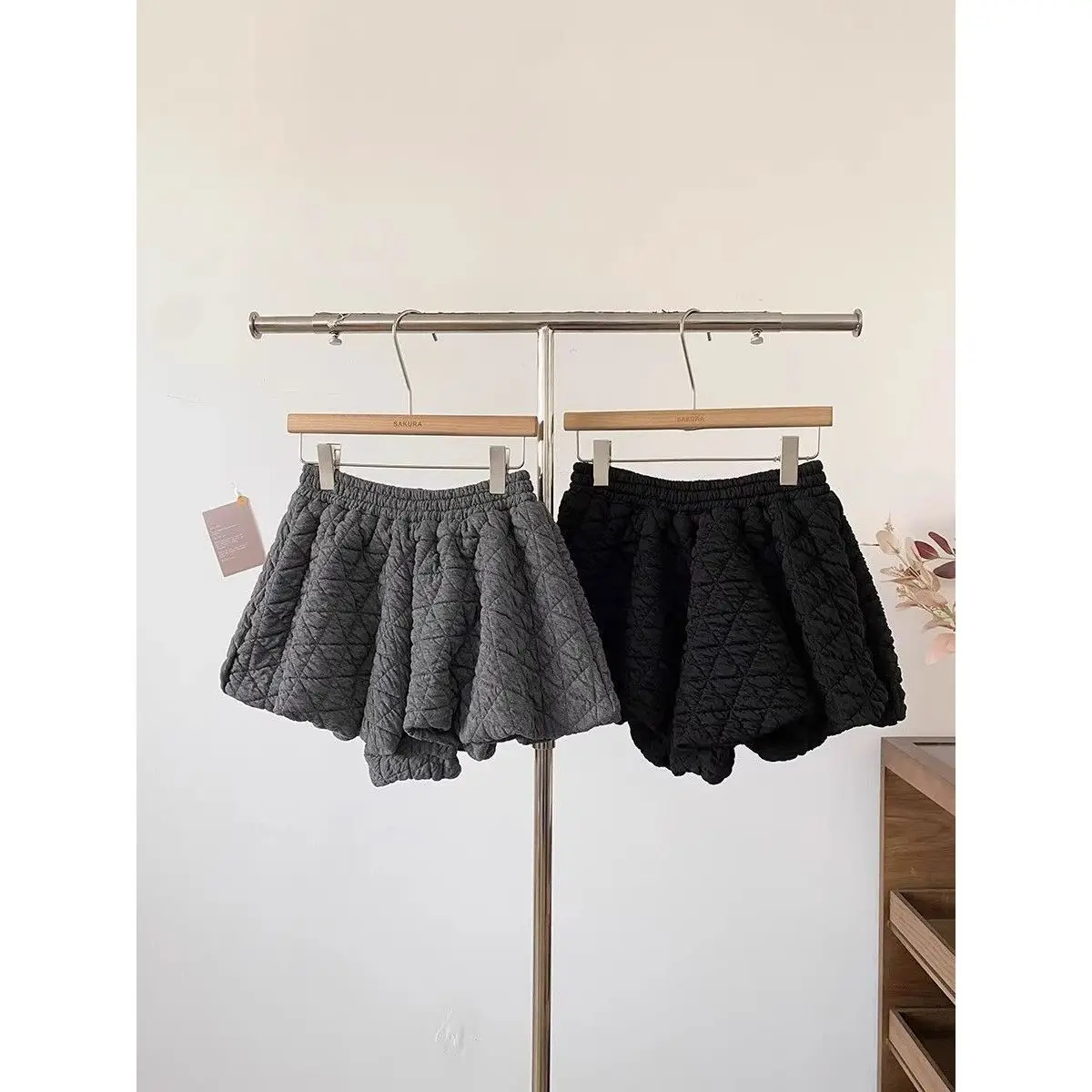 High Waist A-Line Short Pants Korean Style Casual Loose Fit Diamond Pattern Slimming Wide Leg Boot Pants for Women