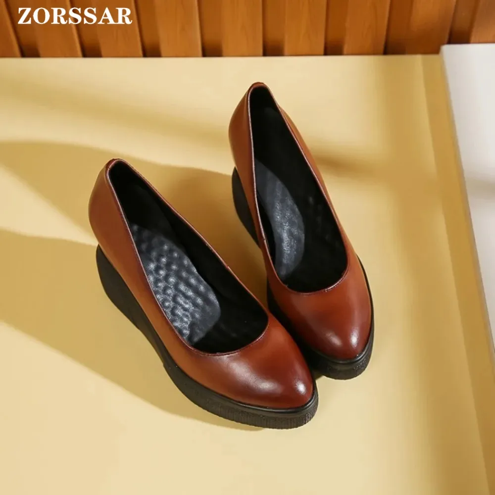 2024 New Wedges Shoe Platform Elegant Boat Shoes Slip-on Pumps Genuine Cow Leather Women\'s Hidden High Heels Shallow Office Lady