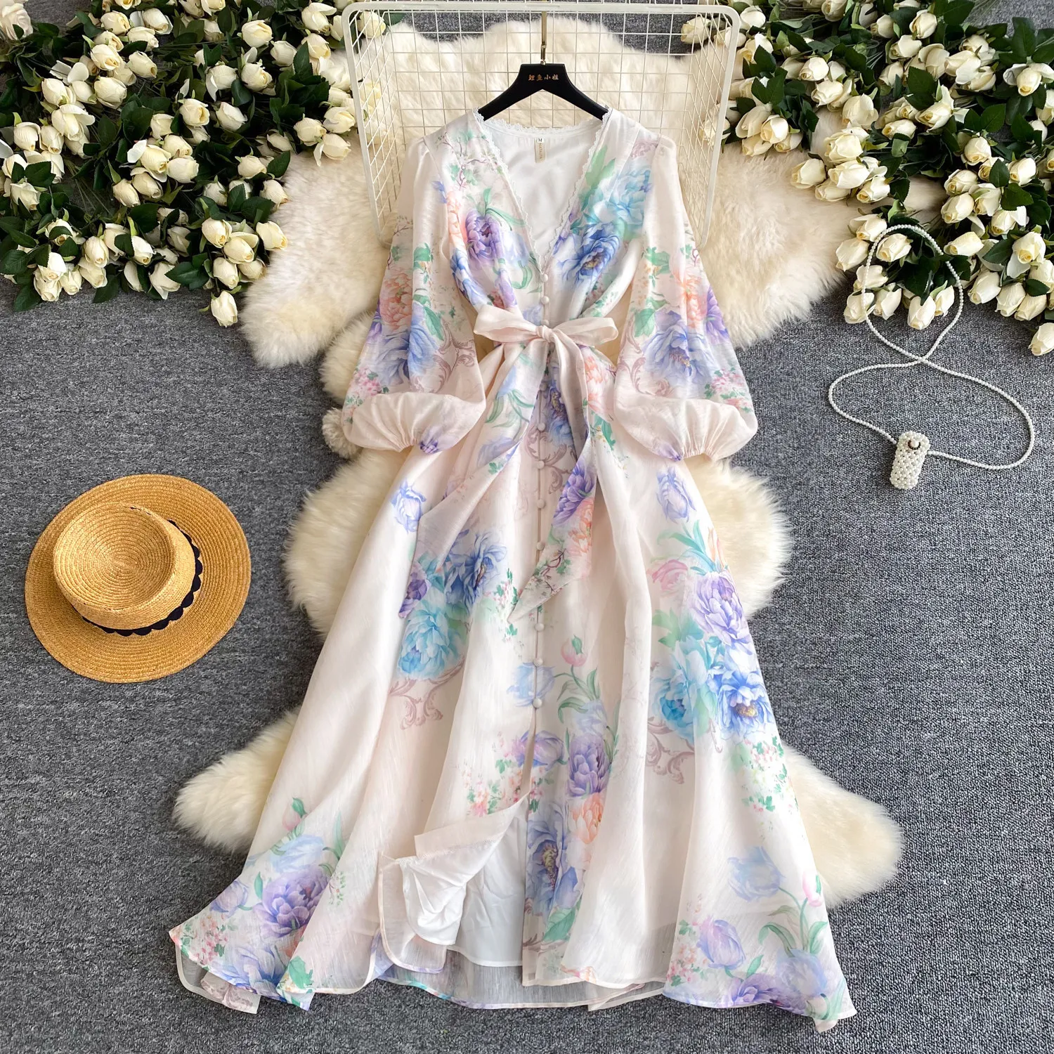

Women Dresses Print Dress A Line Button V Neck Lantern Sleeves Empire Cinched Waist Ankle Length Loose Fit Casual 2026 Spring