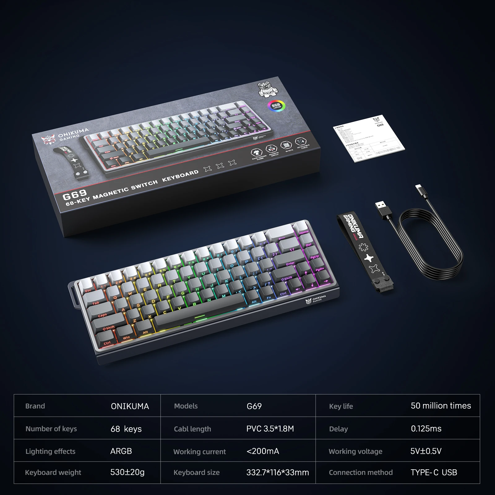 ONIKUMA NEW Magnetic Gaming Keyboards Wired 60% 0.01mm Rapid Trigg 8000Hz SOCD/Rs 0.125ms 128K Rate G69