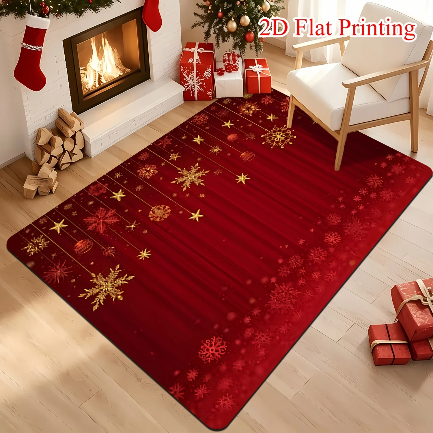 Deep Red Pine Snowflake Christmas Area Rug White Snow Sprinkle Fir Border Print Floor Mat Traditional Warm Home Decor Carpet