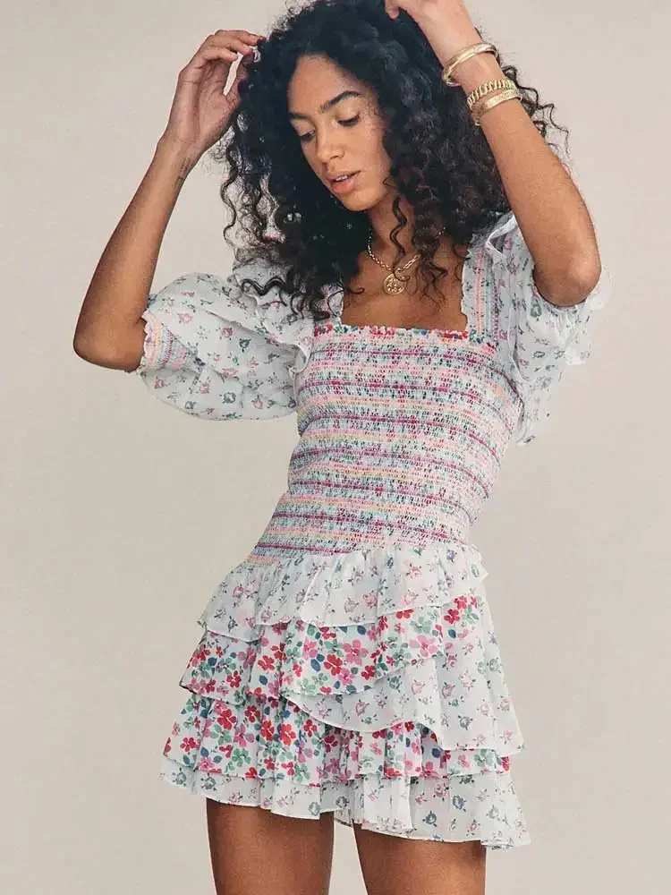 Boho Inspired Mixed Floral Prints Ruffled Party Puff Sleeve Square Neck Smocked Sexy Laides Mini Chic Summer Dress