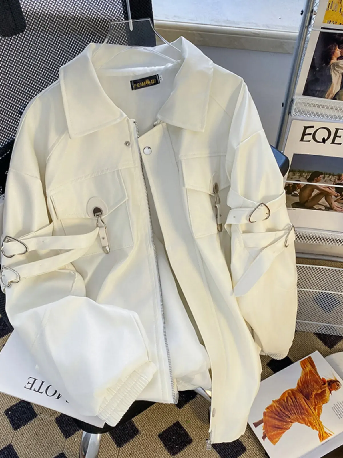 

Love Ring Buckle Splicing PU Leather Jacket Men's Women's Motorcycle Clothing Fashionable Personalized Jacket Baseball Uniform