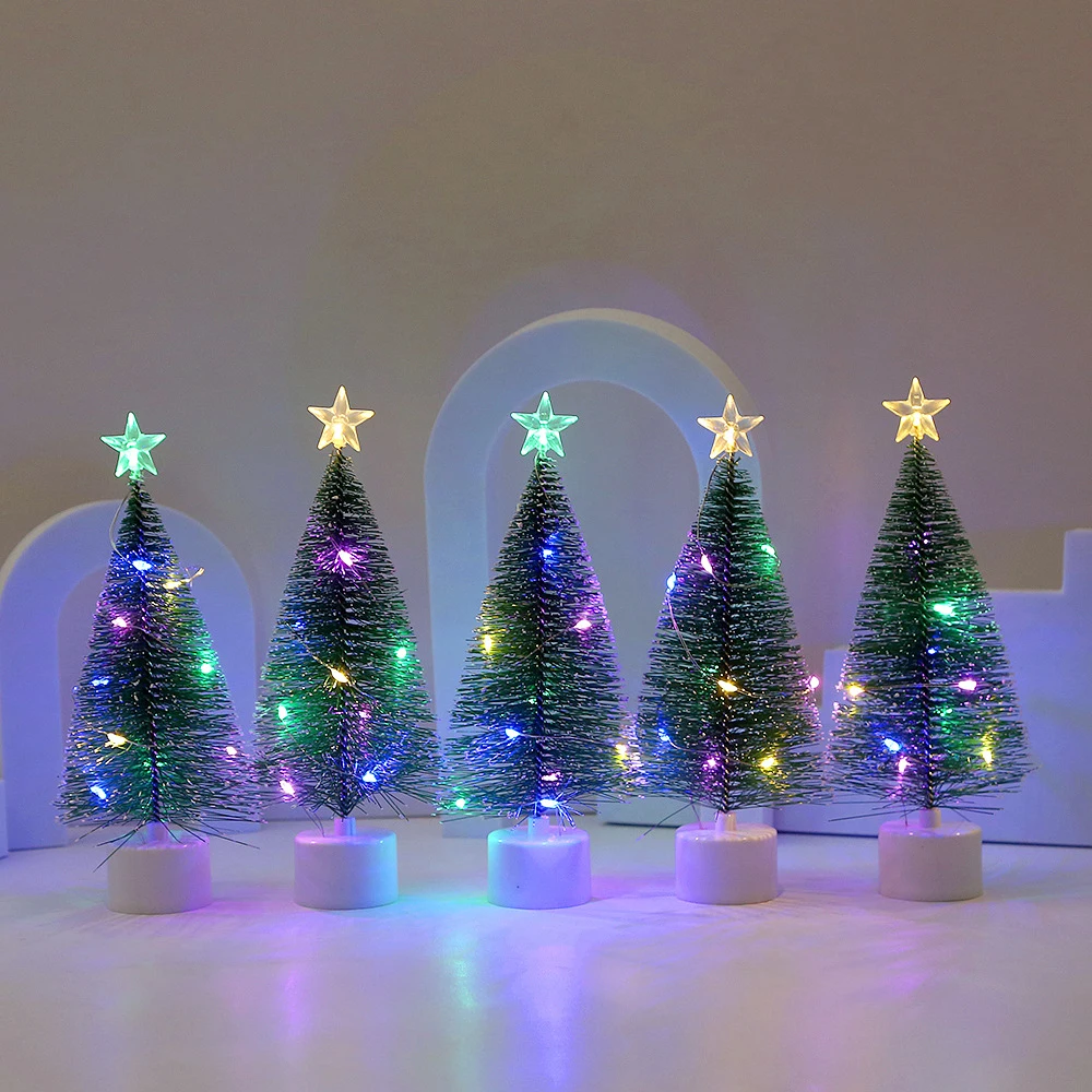 3pc Mini Artificial Christmas Tree with Colorful LED String Lights, Mini with Bases Pine Xmas Tree DIY Christmas Home Decor