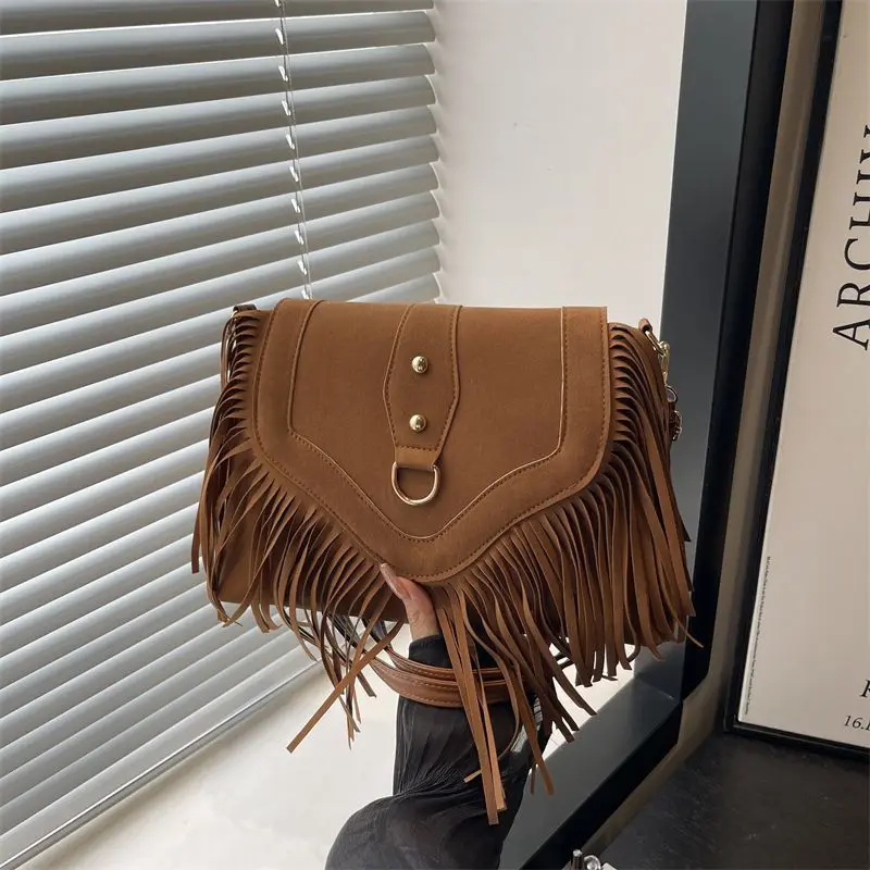 Black Brown Khaki Leopard print Western Cowboy Fringe Suede Crossbody Bag Vintage Boho Tassel Shoulder Phone Purse for Women