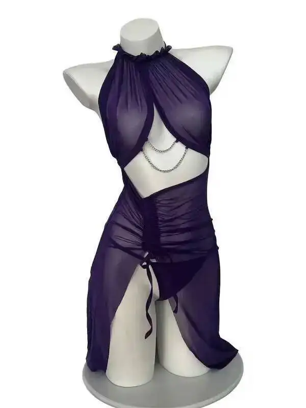 Sexy Seductive Hanfu Pure Desire Thin Transparent Gauze Mesh Sheer Purple Split Ancient Style Dance Dress Elegant Tops EMS8