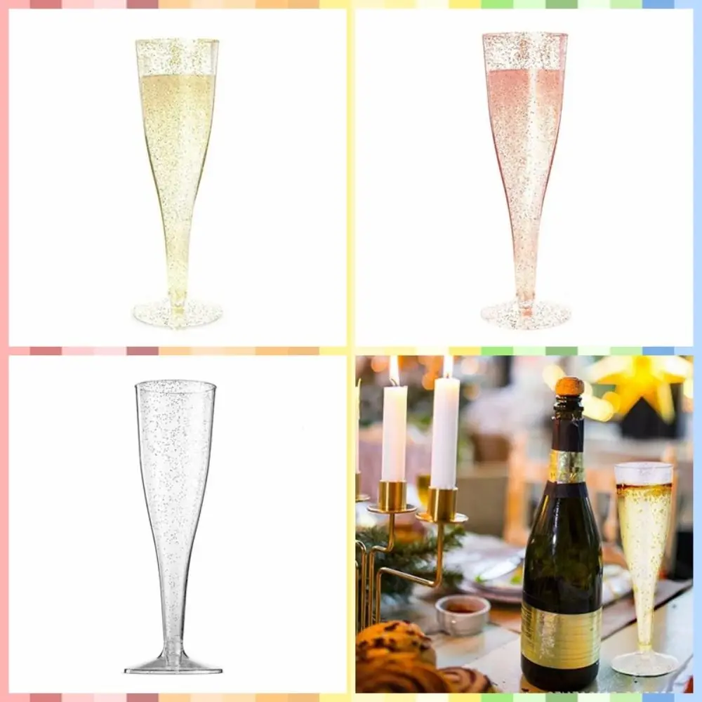 10pcs Bar Supplies 4.5OZ/135ml Disposable Champagne Flute Slim with Gold Sequins Champagne Glass Anti-fall Wine Cup Toasting