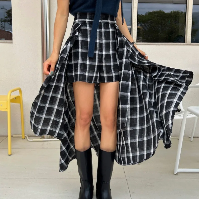 

Korean Fashion Plaid Irregular A-line Skirts 2025 Summer New High Waist Skirt for Women Y2k Mid-length Loose Faldas Mujer