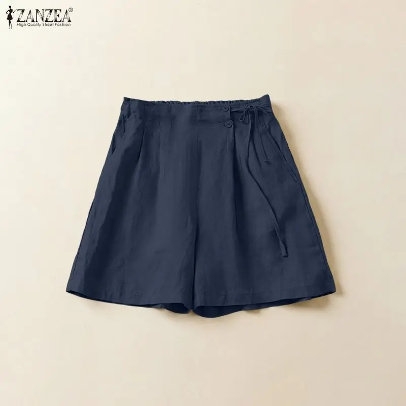 

2026 ZANZEA Летние повседневные шорты с эластичной резинкой на талии, однотонные, женские, винтажные, хлопковые, для отпуска, на шнуровке, оверсайз