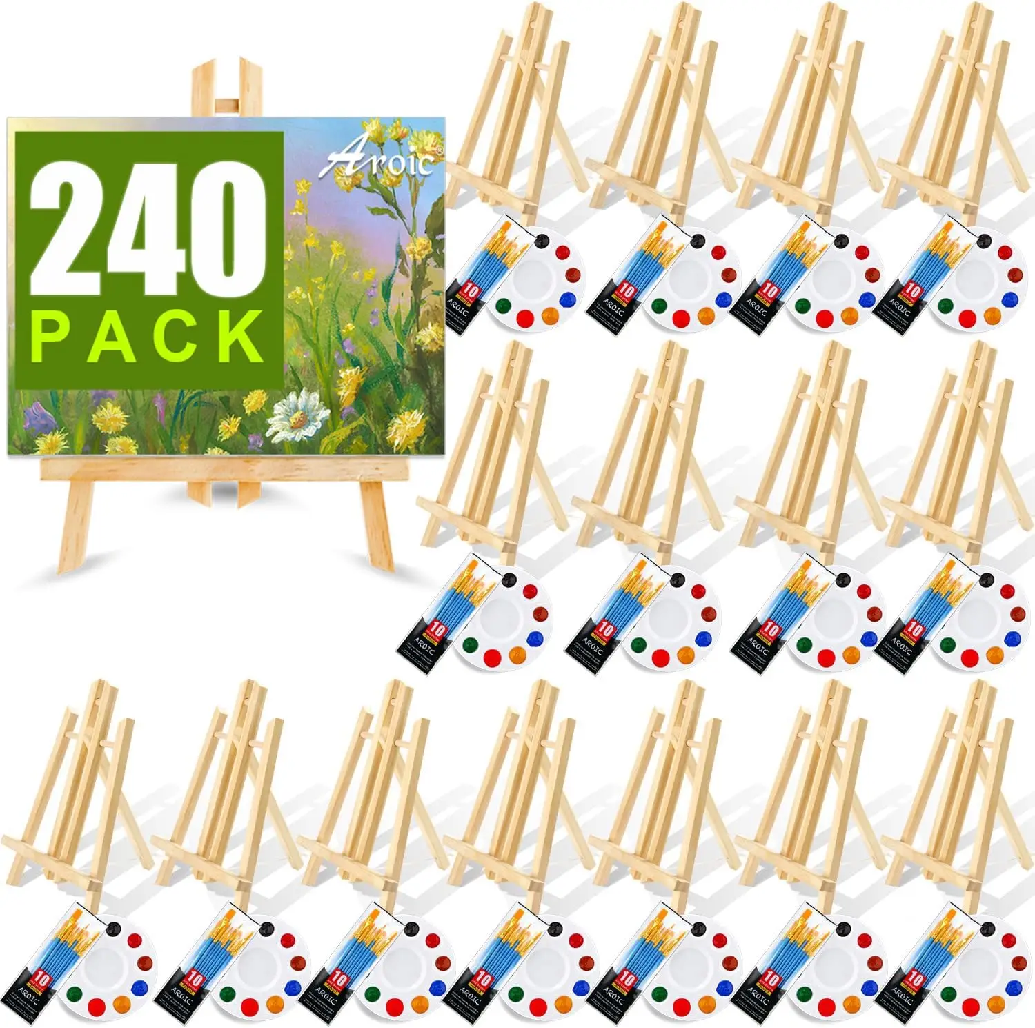 

240 Pcs Art Set with 20 Wood Easels, 200 Brushes, 20 Palettes for Kids & Adults