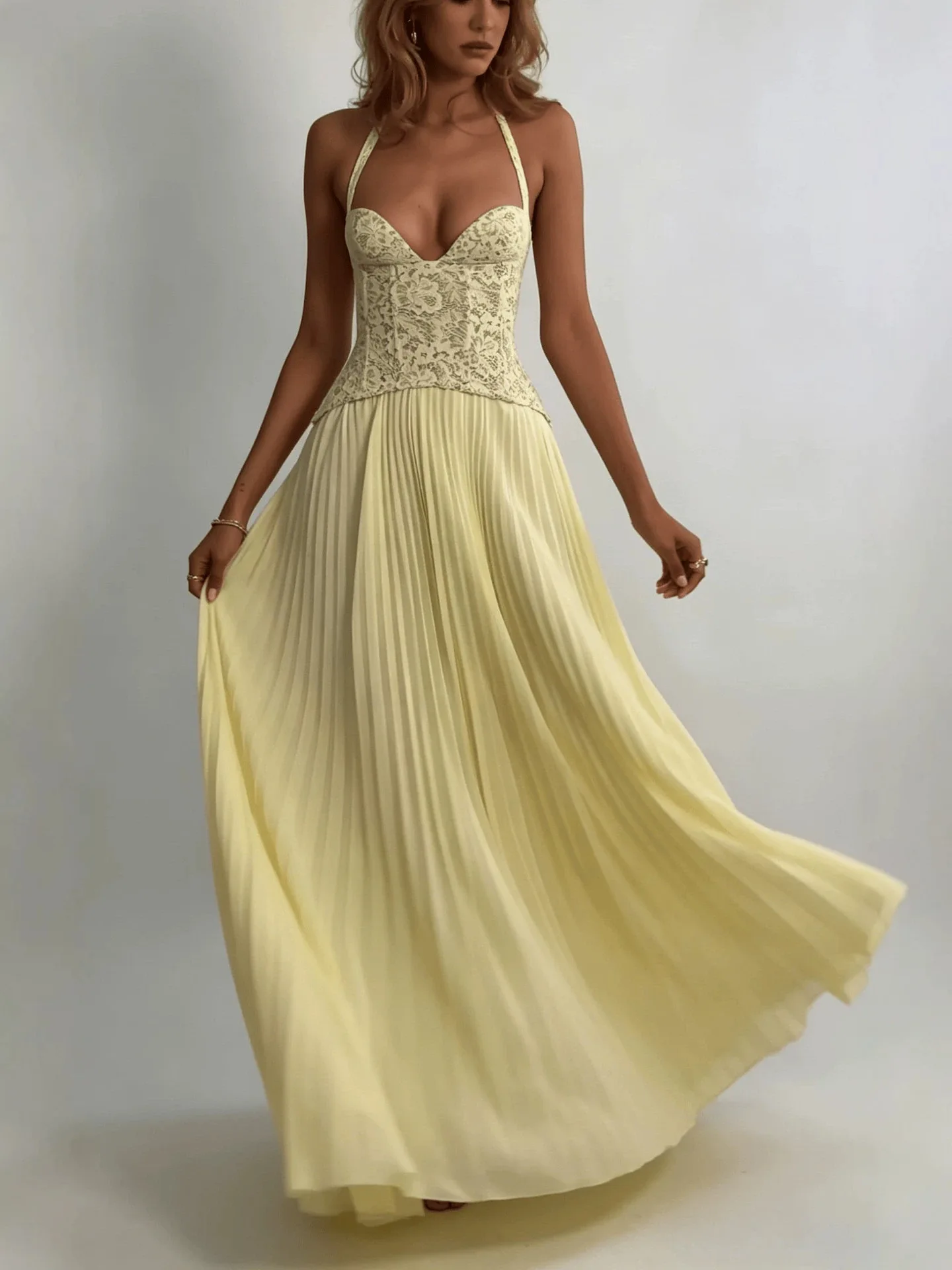 

AW Spring Summer Backless Hollow Out Slim Robe Dress Vacation Sleeveless Women Dress Yellow Sexy Low Cut V-neck Camisole Dress