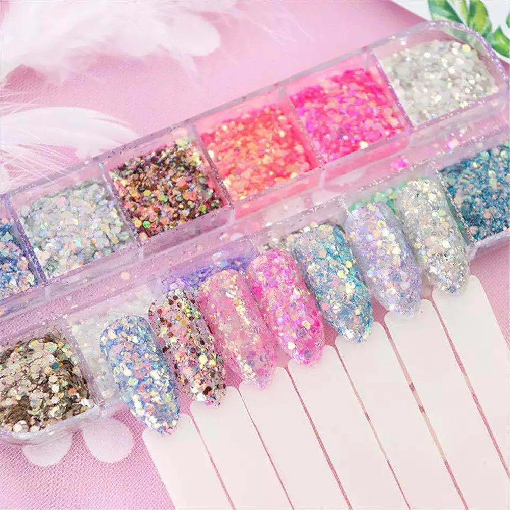 12Grid/Box Mermaid Sequins Nail Glitter Flakes Mixed Hexagon Sparkle Slices Paillette Decoration 3D Neon Manicure Accessory J67#