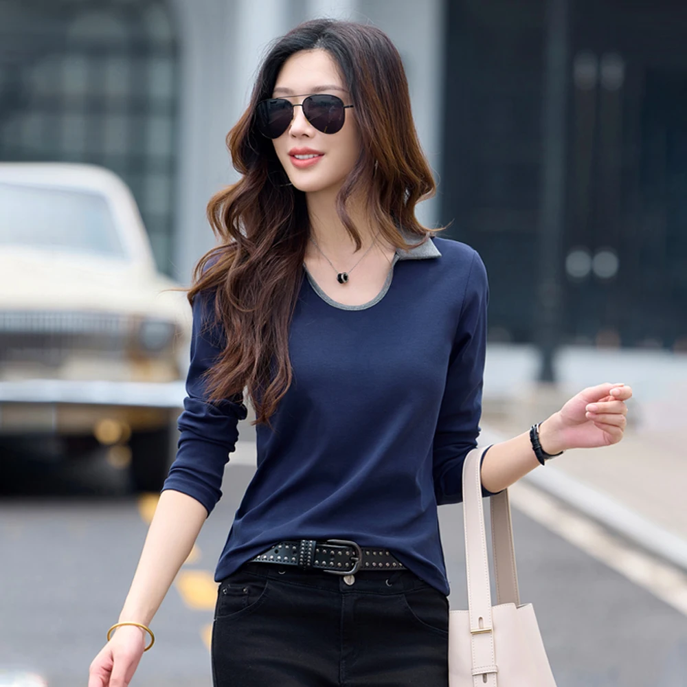 Women's European Long Sleeve T-Shirt High-End Cotton plus Size U-Shaped Lapel Casual Top for Spring And Autumn