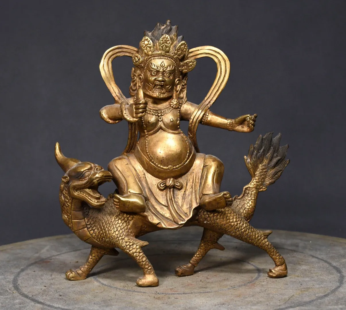 

Tibetan Nepalese Brass Gilt Dragon Riding Beast White God of Wealth Ornament Home Buddhist Hall Small Supplies 19cm