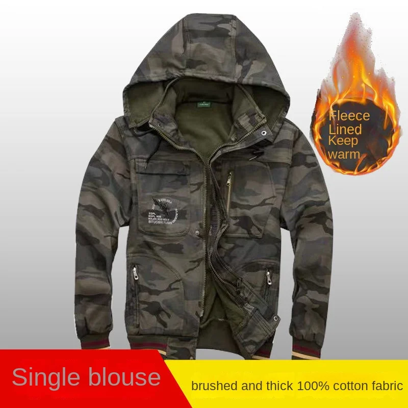 Winter 2022 Plush Top Work Clothes Men\'s Pure Cotton Thicken Windproof Wear-resistant Auto Repair Camouflage Labor Tactical Coat