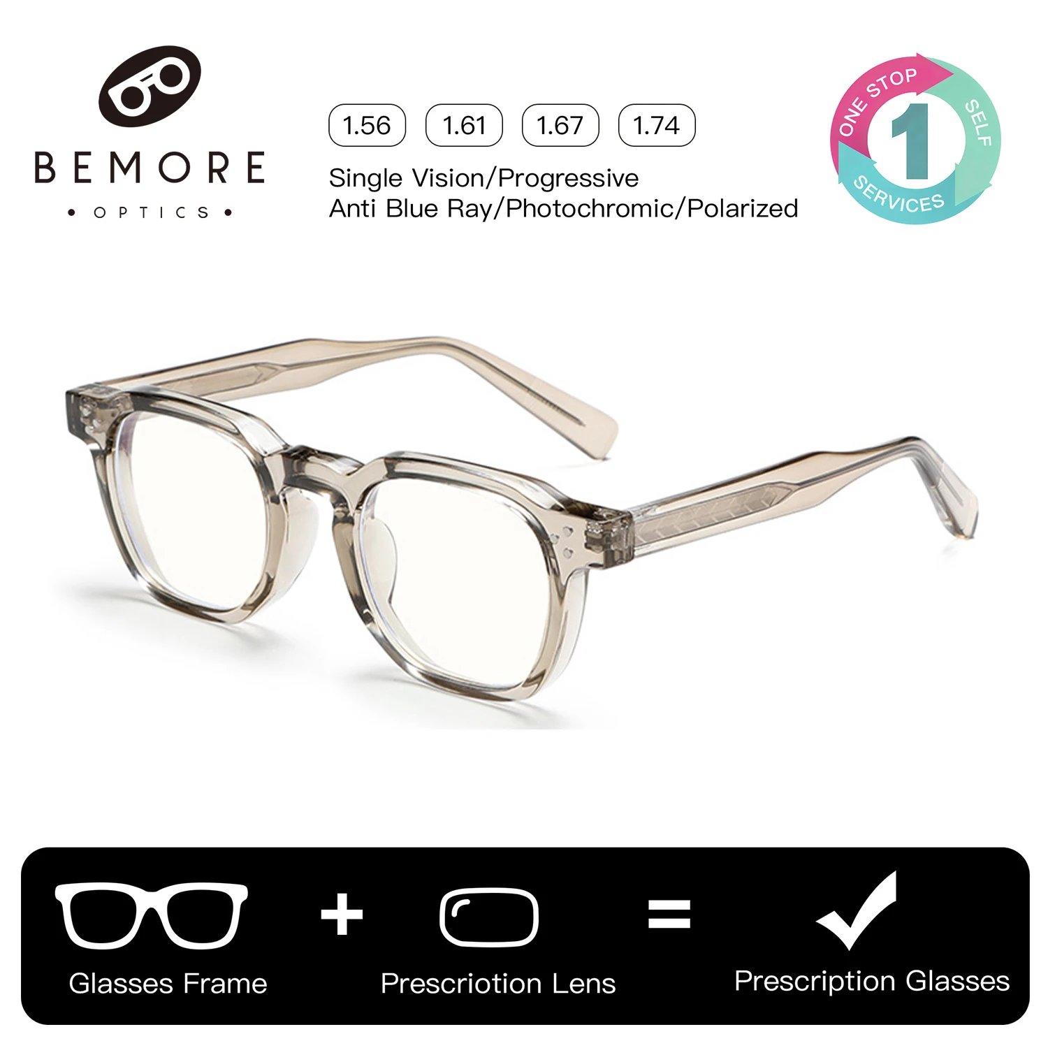 

BEMORE Square Acetate Prescription Glasses Photochromic Anti Blue Light Optical Lenses with Recipe for Women