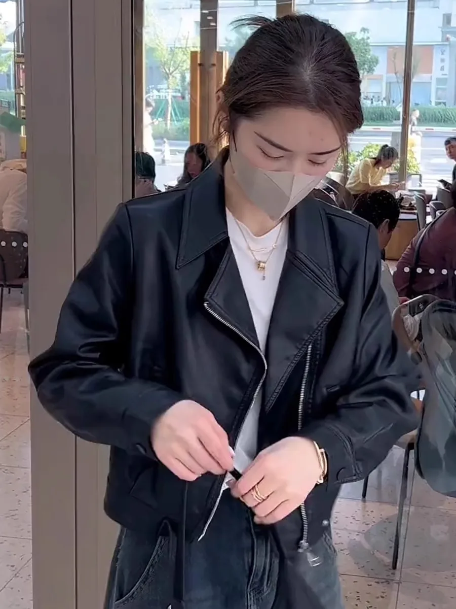 

Casual Short PU Leather Jacket Women's Fashion Spring Autumn New Loose Slimming Biker Style Zipper Closure Long Sleeve Coat