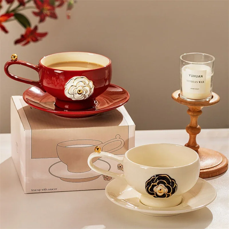 High-Grade Exquisite Cup 2025 New Three-Dimensional Camellia Coffee Cup Saucer Ceramic Cup Red White Black Suit 280ML