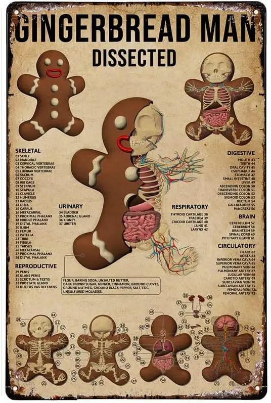 Licpact Christmas Gingerbread Man Dissected Baking Metal Sign Plaque Metal Vintage Tin Sign Wall Decor for Home Decor Christmas