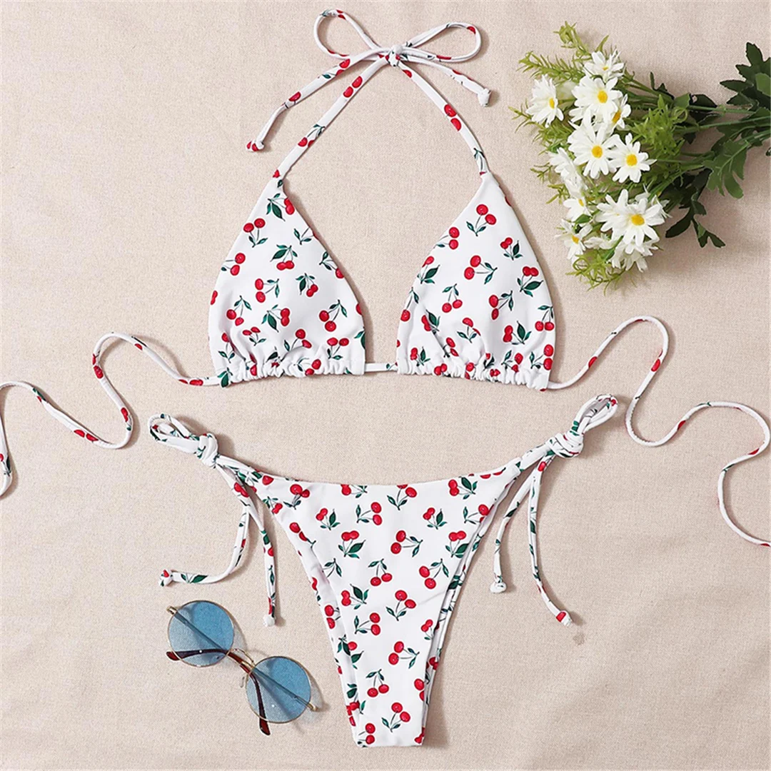 XS - L Cherry Print Neckholder-Bikini mit Trägern, Damen-Badeanzug, zweiteiliger Bikini-Set, Badebekleidung, Badeanzug, Schwimmbekleidung V4894 – Detail 7