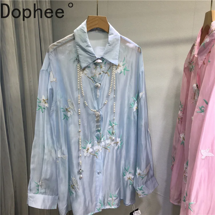 

Handmade Flower Embroidery Cardigans Shirt Summer Women Sunscreen Clothing Diamonds Beads Loose Long Sleeve Mid-long Blouses