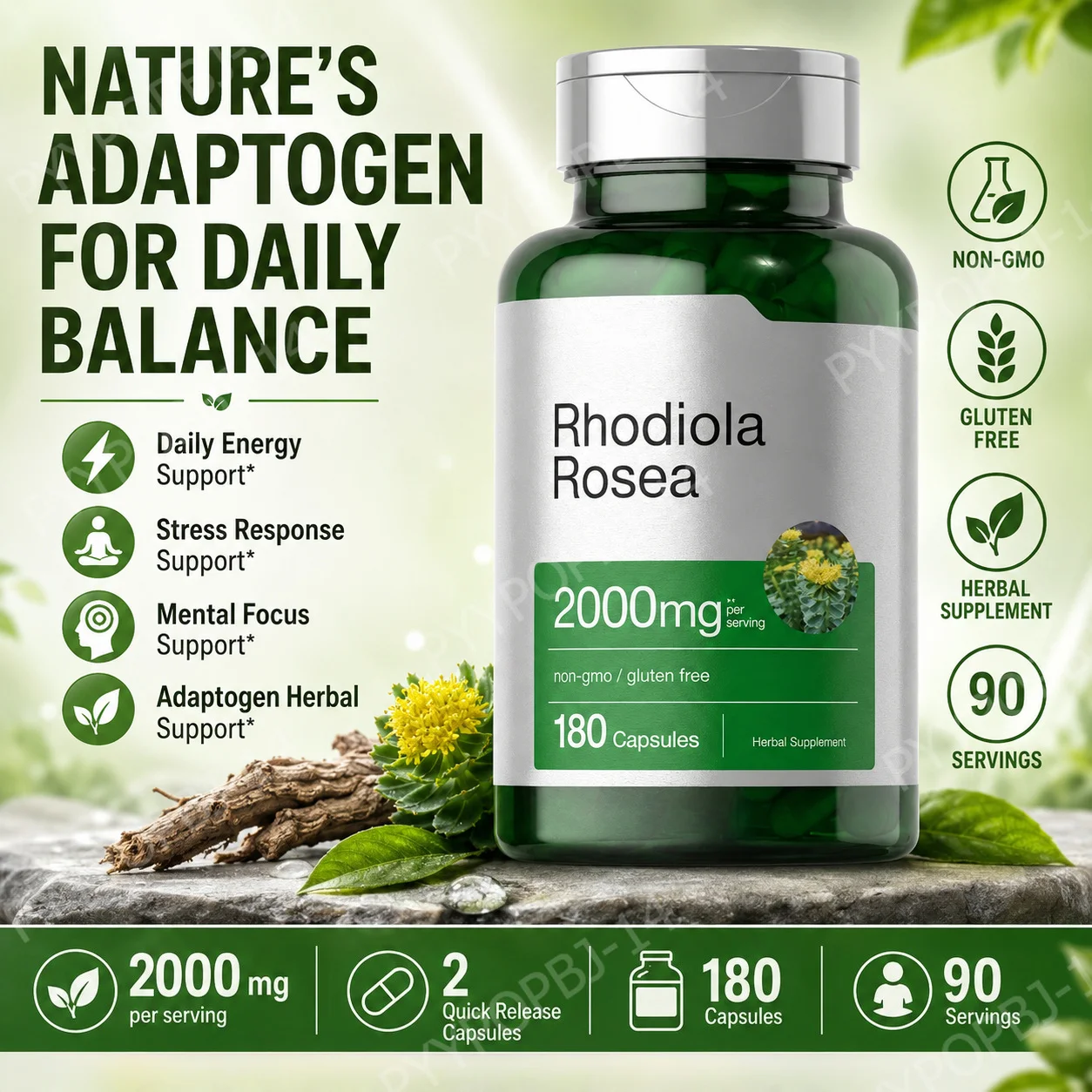 Rhodiola Rosea Root Extract 2000mg Equivalent Herbal Dietary Supplement 180 Capsules