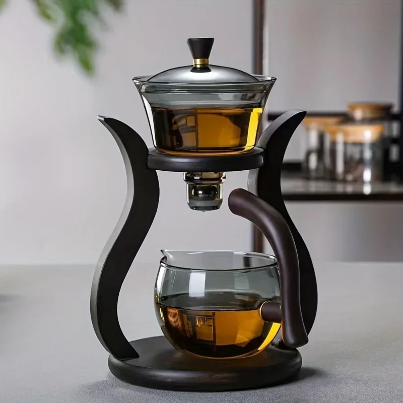 Lazy Kung Fu Glass Tea Set Semi Automatic Drip With Infuser Glass Teapot Set Magnetic Switch Teapot Teacup Set Glassware