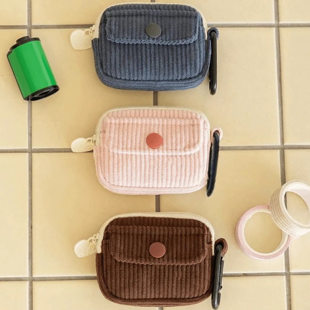 Cute Solid Color Earphone Storage Bag Corduroy Multifunctional Coin Purse with Zipper Multi Layer Storage Bag Daily Use