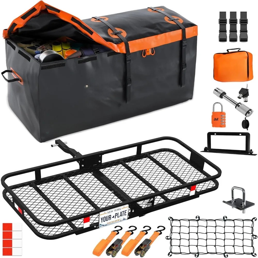 Folding cargo carrier mounts | 500 lb cap mounting rack and 20-sleeve soft-shell cargo carrier bag